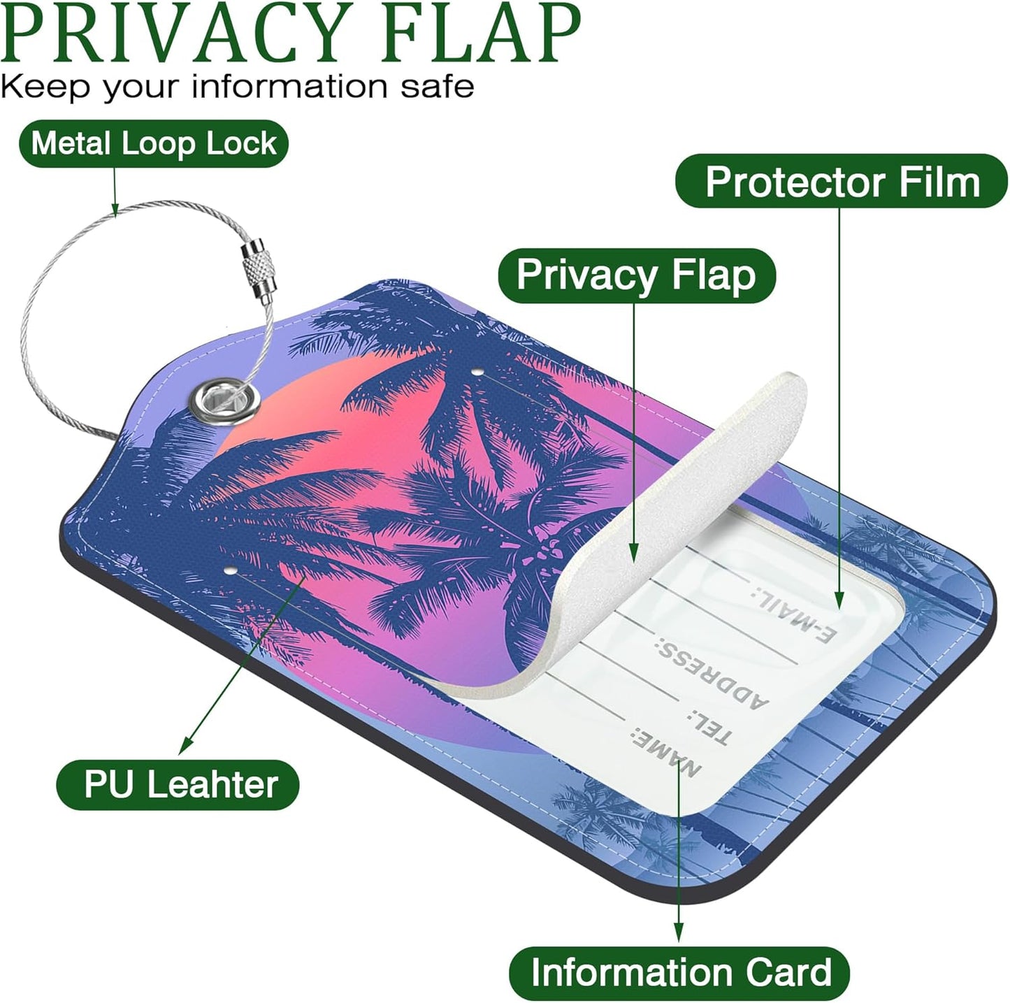 2 Pack Luggage Tag for Suitcase Sunset with Palm Trees Leather Suitcase Tags with Privacy Name ID Label and Stainless Steel Loop for Travel Bag
