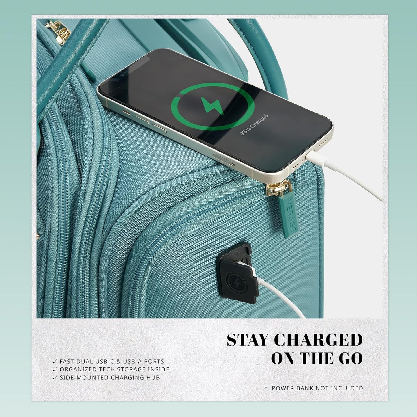 Verage 18x14x8in Spinner Underseat Carry-On Luggage -Airplane Personal Item Bag, USB A&C Charging Port, Padded Laptop Pocket & Wet/Dry Compartments for Women, Misty Aqua