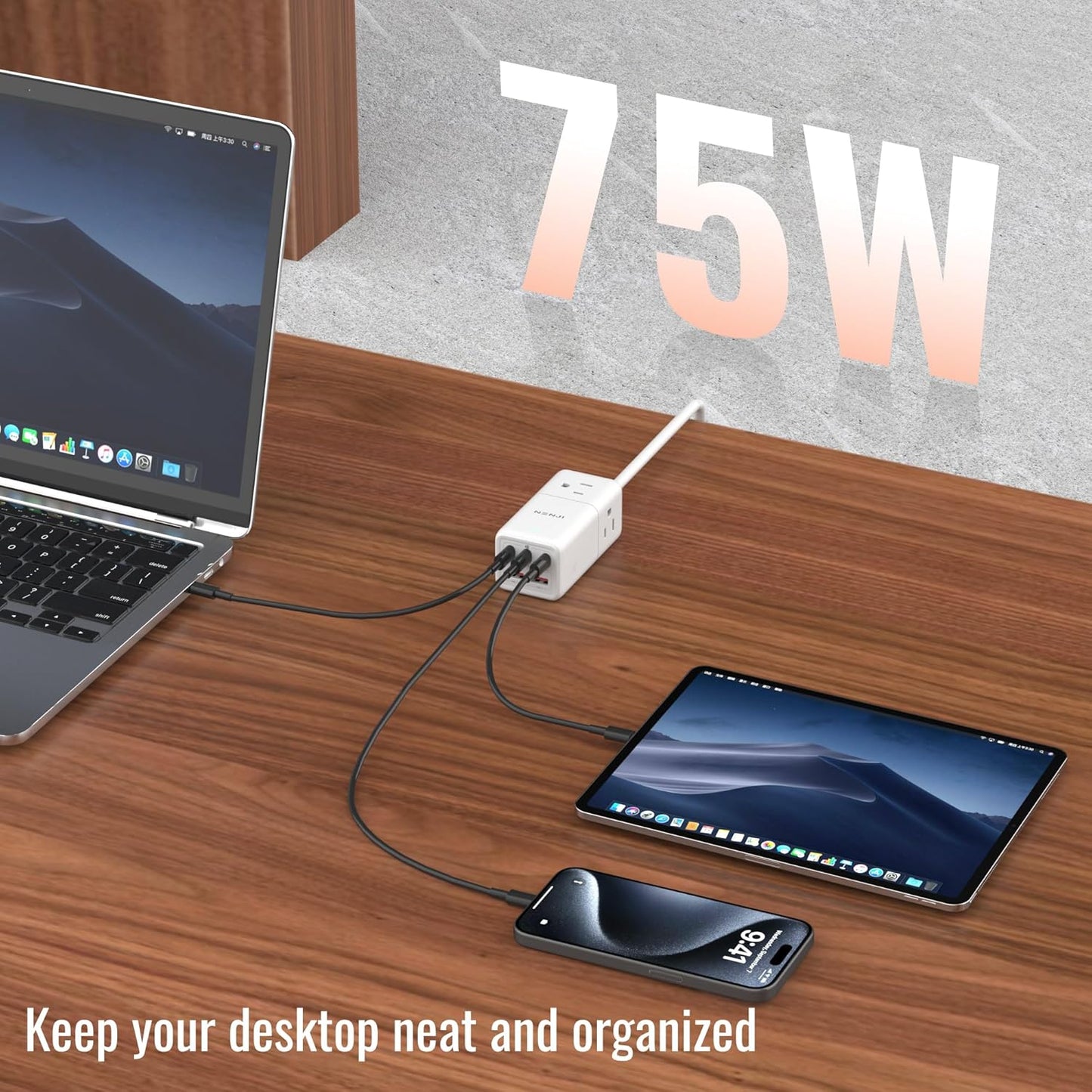 NENJI 75W GaN USB-C Super Fast Charging Station, 8-in-1 Power Strip with 5 USB & 3 AC Ports, Smart Charging, Fast PD Charger for iPhone, Samsung, iPad, MacBook – Desktop & Travel-Friendly – White