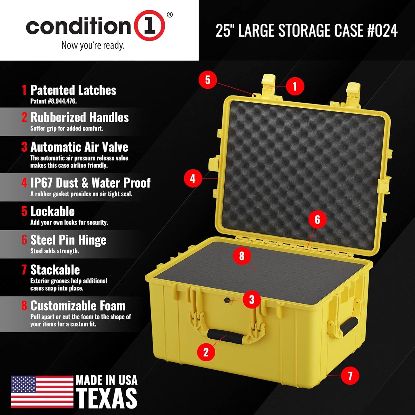 Condition 1 25" Large Heavy-Duty Protective Waterproof Hard Case Model 024, Portable Storage Box with Customizable Foam, Camera, Tool, Hunting, Made in USA, 24.27"x19.40"x13.57" Yellow