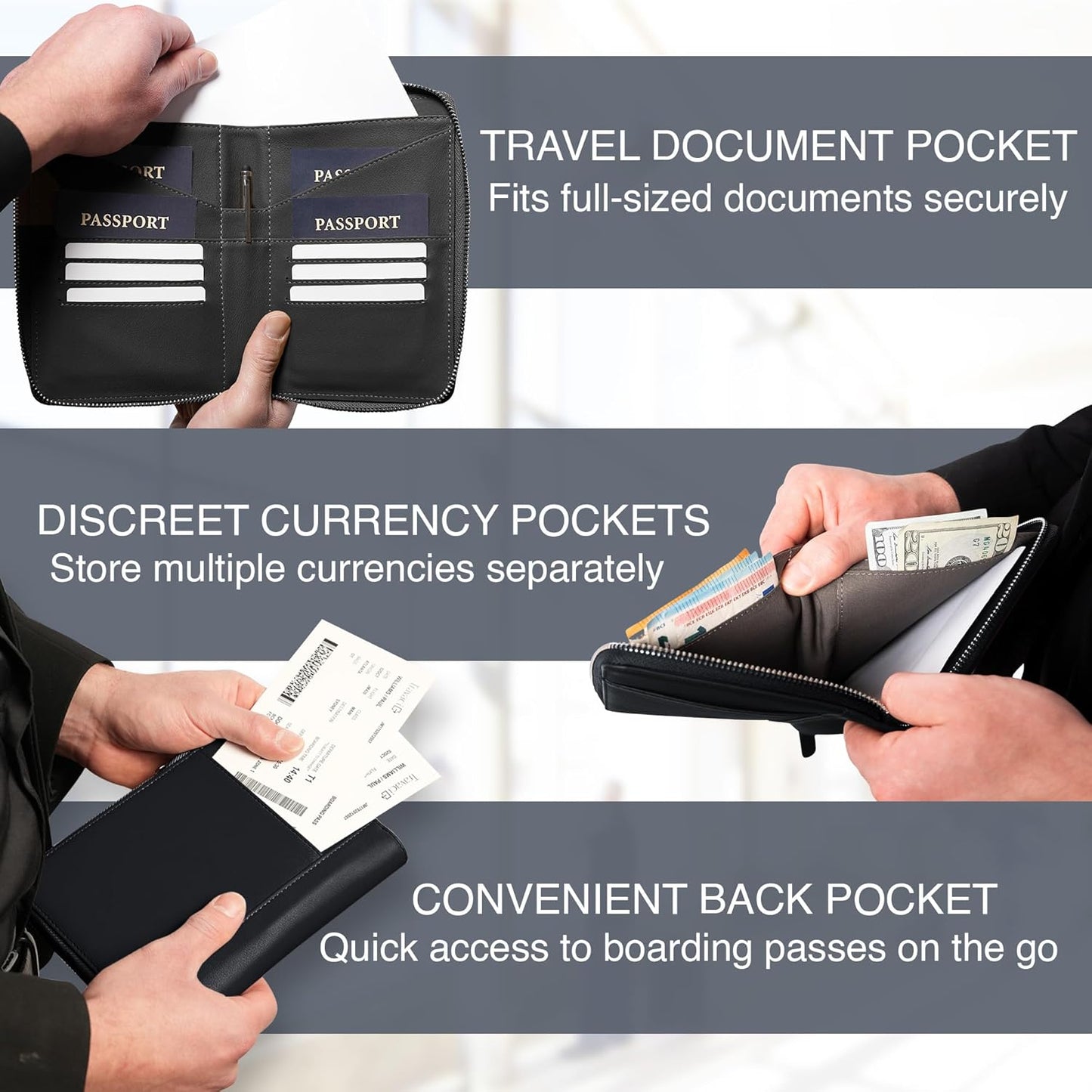 Full Grain Leather Family Passport Holder for 2-4 Passports - RFID Passport Holder and Travel Document Organizer - Large Leather Travel Wallet for Couples and Families - Black