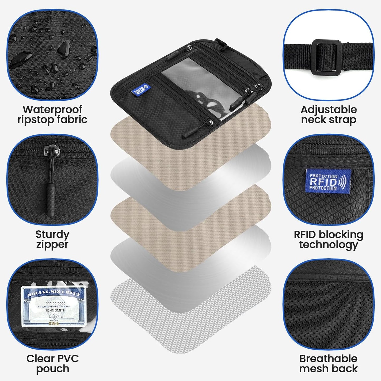 Passport Holder For Travel Family: Neck Wallet Passport Pouch Travel Document Organizer Porta Pasaporte Multiple Passport Holder Rfid Blocking, 5.9in x 9.25in, Black, W-2024