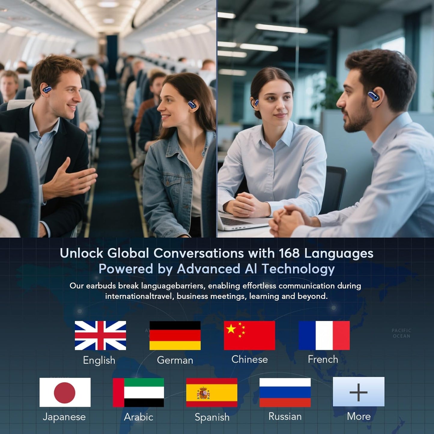 168 Languages AI Translation Earbuds, Bluetooth 5.4 Headphones Translator, 4-in-1 Smart Mode Touch Screen Real-Time Earphones Fit iOS and Android Ideal for Travel Business Learning, Deep Blue