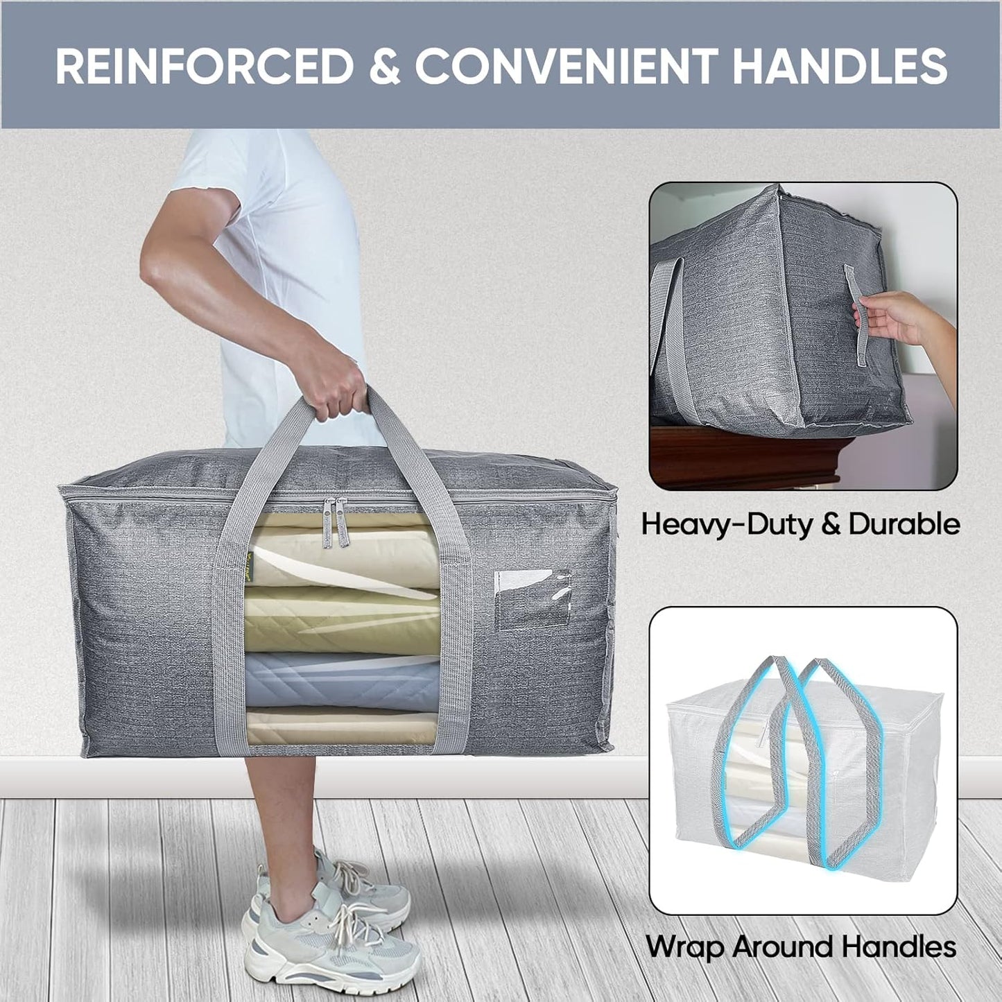 BALEINE 8-Pack Oversized Moving Bags with Reinforced Handles, Heavy-Duty Storage Tote for Clothes, Moving Supplies (Grey with Window, 8 Pack)