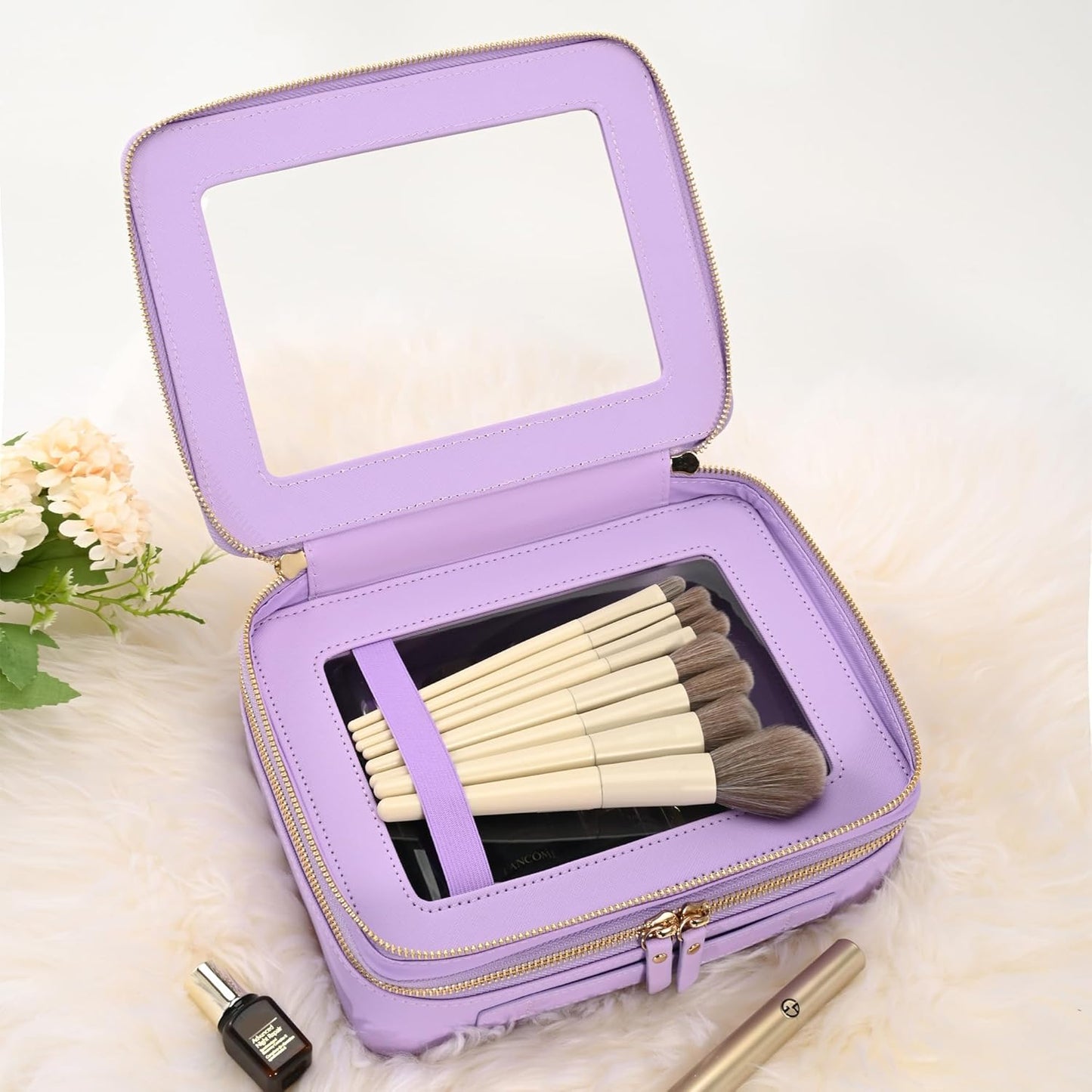 Aveniee Clear Makeup Bags, Double Layer Cosmetic Bags with a Separate Brush Compartment, Large Travel Toiletry Bag Train Case for Women, Travel Accessories Organizer.2 Layers Large, Lilac