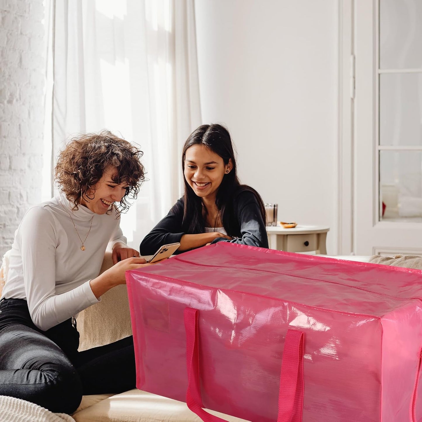 6 Pack Heavy Duty Extra Large Moving Bags with Handles,Waterproof Foldable Storage Totes, Clothing Storage Bags, Packing Moving Boxes for College Supplies, Pink