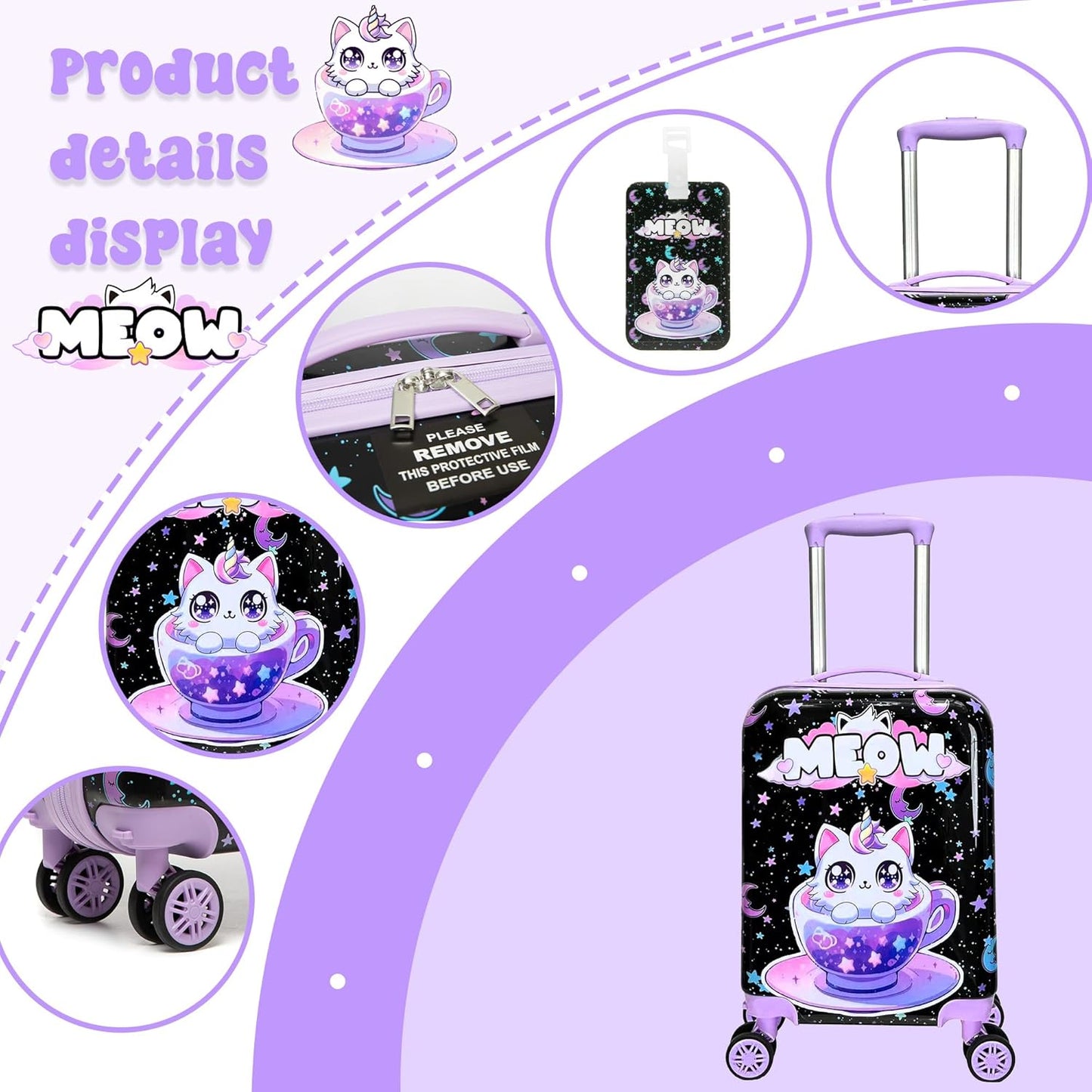 Cute Black Cat Kid's Luggage Set 2 Piece Suitcase Set 16" Hardside Luggage with Spinner Wheels Girls Carry on Toddler Travel Rolling Luggage Airline Approved