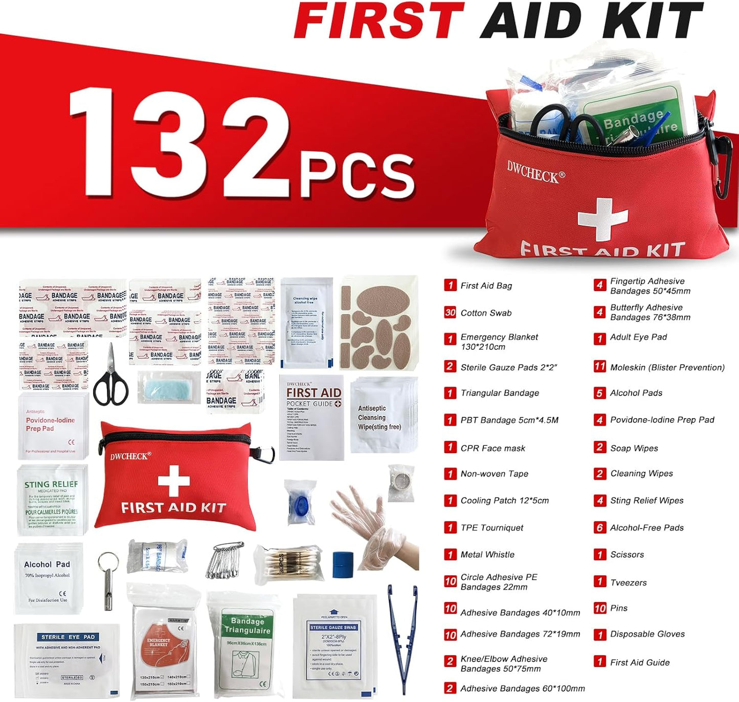 Mini First Aid Kit,132 Piece Small Waterproof Emergency Medical Kit for Travel, Car, Home, Office, Camping, Hiking - Compact Outdoor Survival Kit Includes Emergency Foil Blanket, Scissors