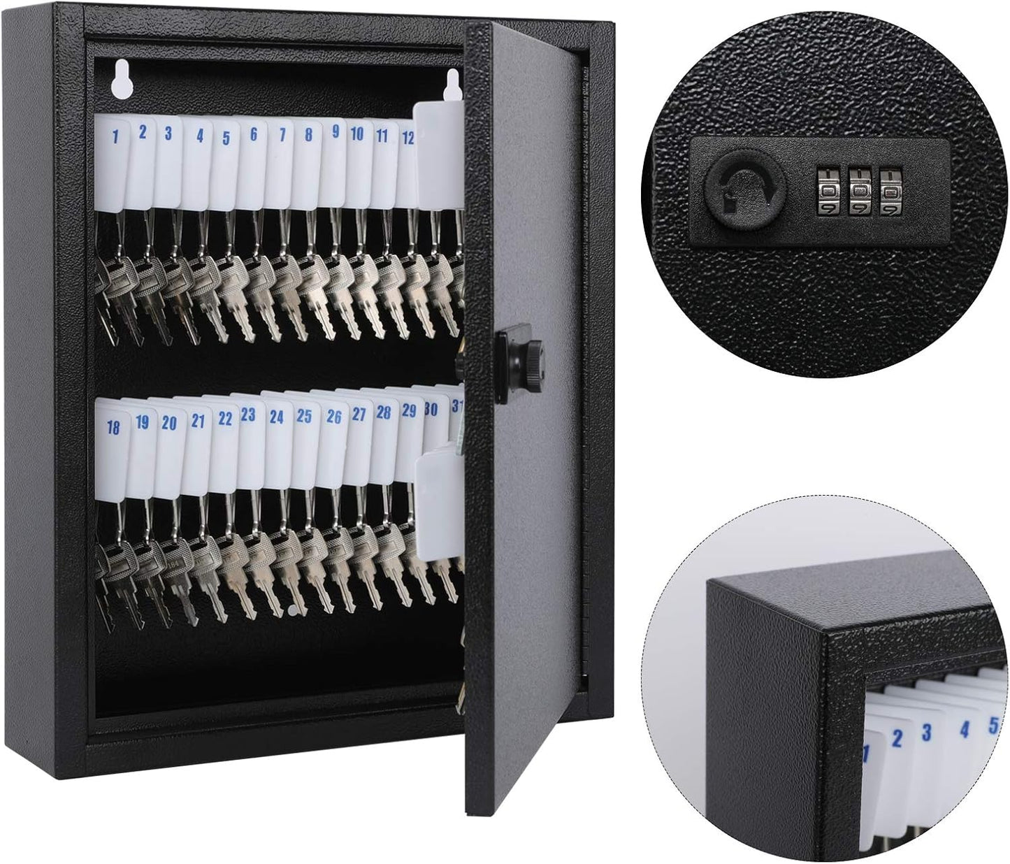 KYODOLED 60-Key Storage Lock Box with Code, Wall Mount Combination Lock Box, Key Hooks & Labels, Black
