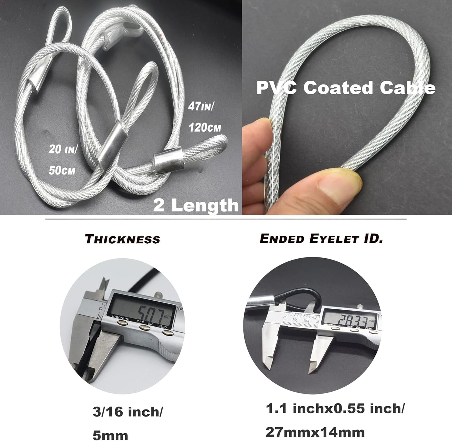 4 pcs 20 inch (50cm) 5mm Thickness Vinyl Cover Coated Galvanized Steel Wire Cable with Loops Security Lanyard Rope Tether Lock, Clear