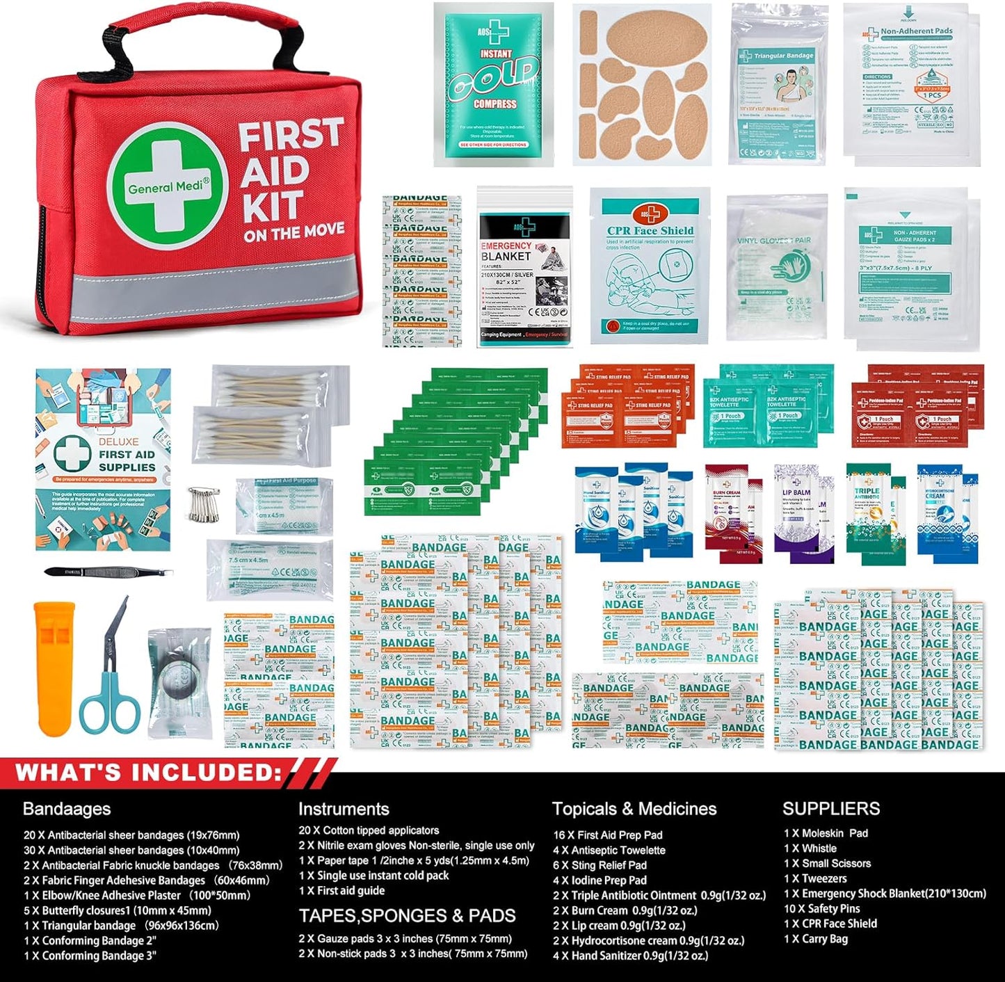 General Medi First Aid Kit - 150 Pieces Small Compact First Aid Kit Bag - Includes Instant Cold Pack, Emergency Blanket for Travel, Home, Office, Vehicle, Camping