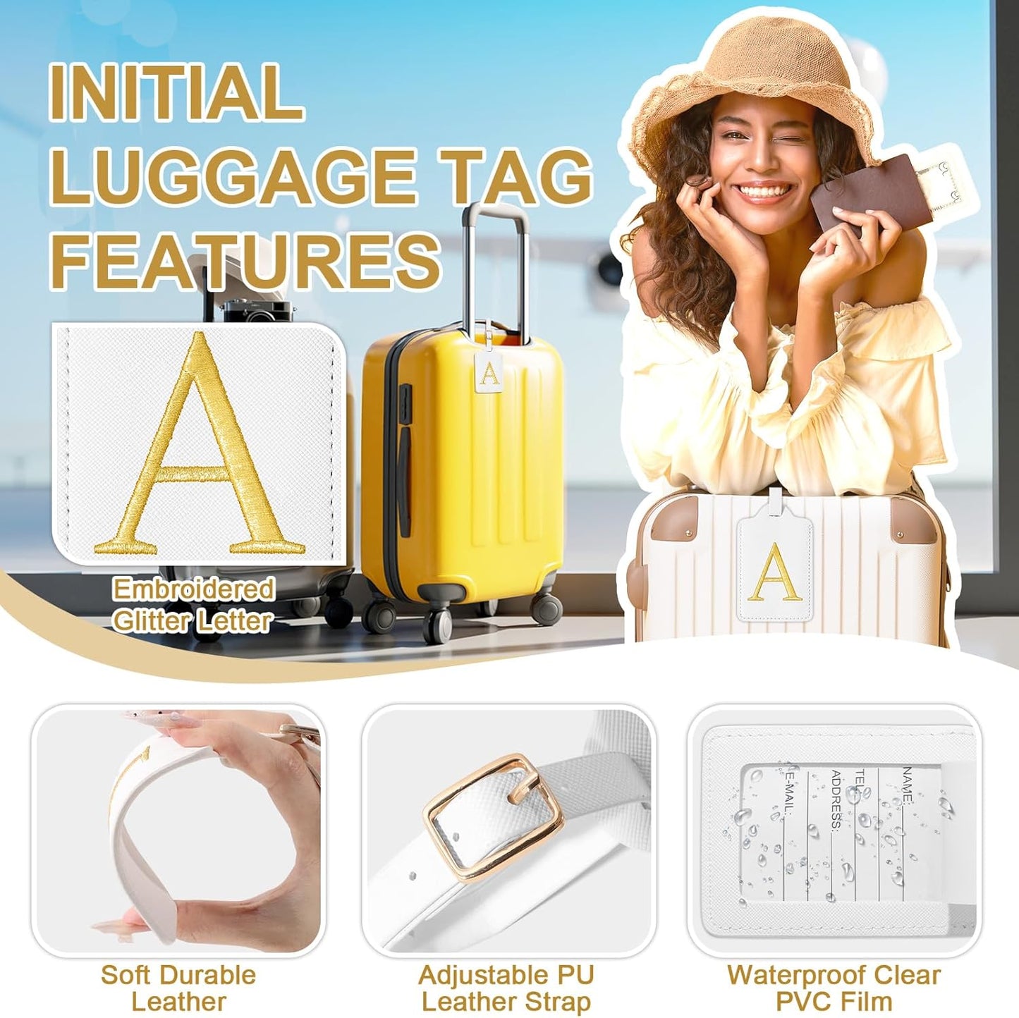 Personalized Initial Luggage Tags for Suitcase TSA Approved, White Leather Cute Luggage Tag with Privacy Cover Name Card, Embroidered Custom Luggage Tags Travel Baggage Tags Gifts for Women Kids(A)