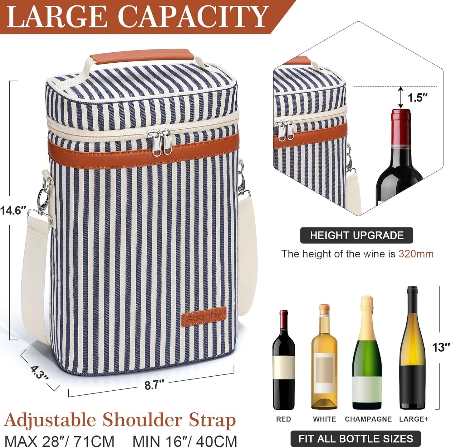 2 Bottle Wine Bag Wine Cooler Carrier Wine Gift Tote Bag, Leakproof & Insulated Bottle Bags for Travel, BYOB, Beach, Dinner, Party, Christmas Gifts for Wines Lovers Women Men - Navy Stripe