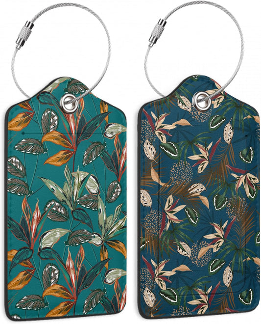 2 Pack Luggage Tags for Suitcases Retro Tropical Plants Luggage Tag, Leather Stainless Steel Loop Label Tag for Men Women Travel Bag Suitcase