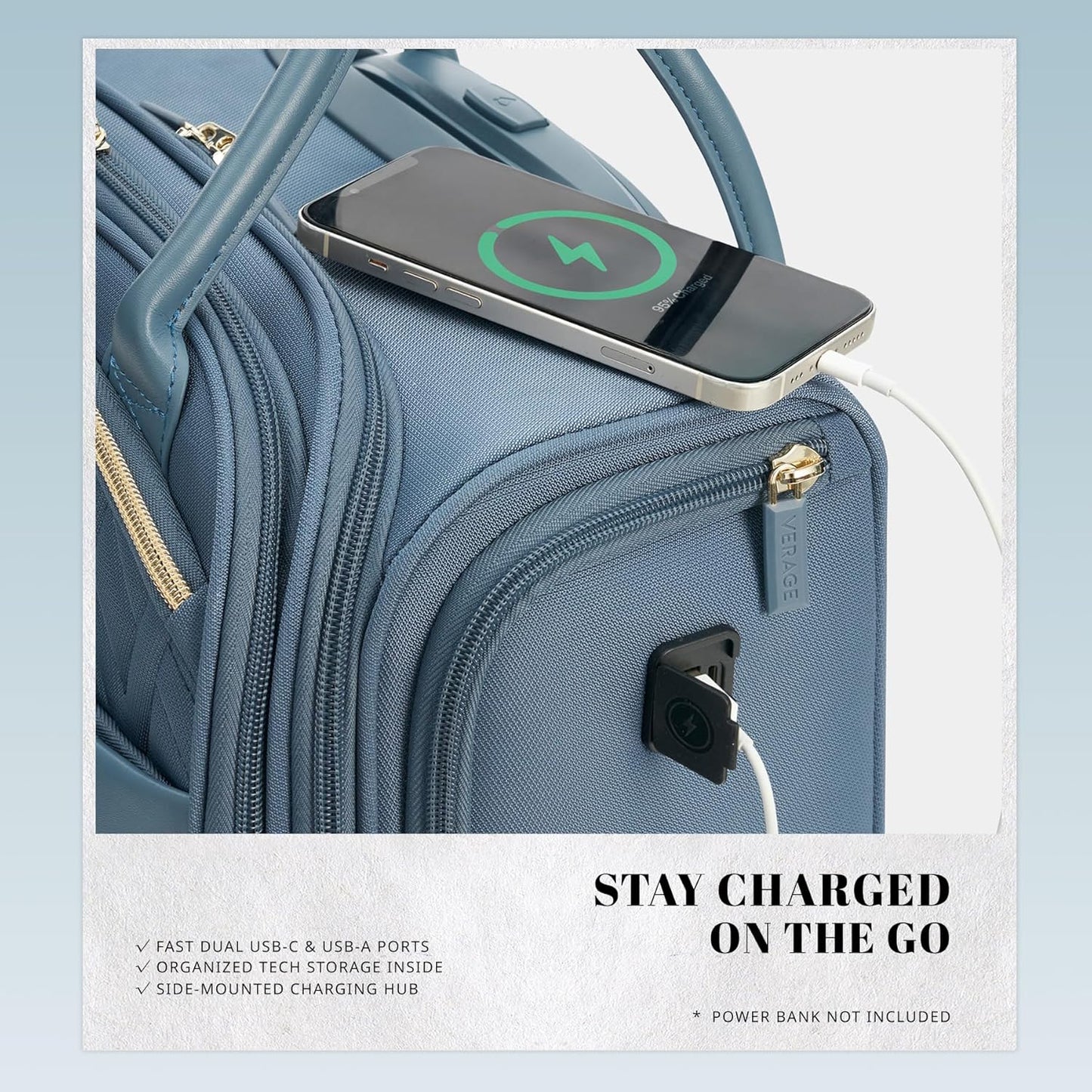 Verage 18x14x8in Spinner Underseat Carry-On Luggage -Airplane Personal Item Bag, USB A&C Charging Port, Padded Laptop Pocket & Wet/Dry Compartments for Women, Haze Blue