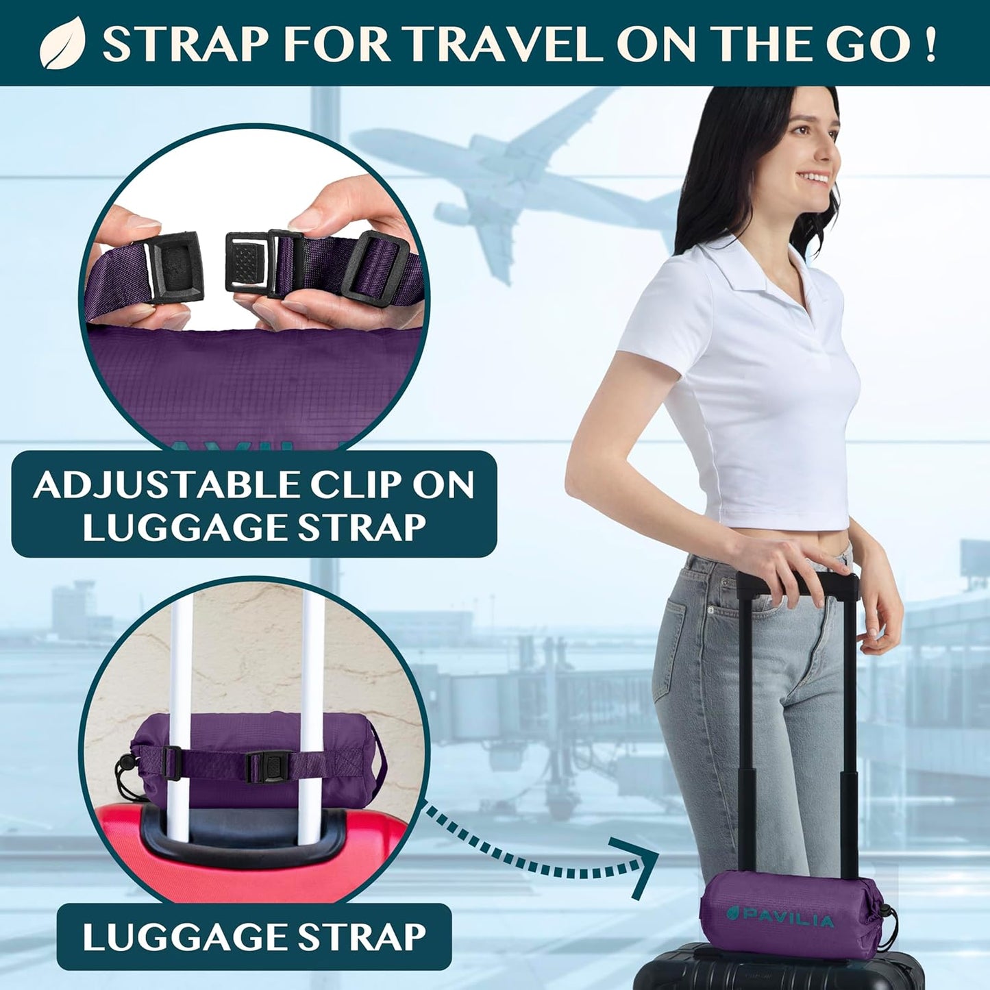 PAVILIA Travel Blanket Airplane Compact with Bag, Soft Packable Plane Blanket Kids Adults, Portable Camping Flight Essentials, Travelers Gifts Accessories, Luggage Backpack Strap, 65x40 Purple