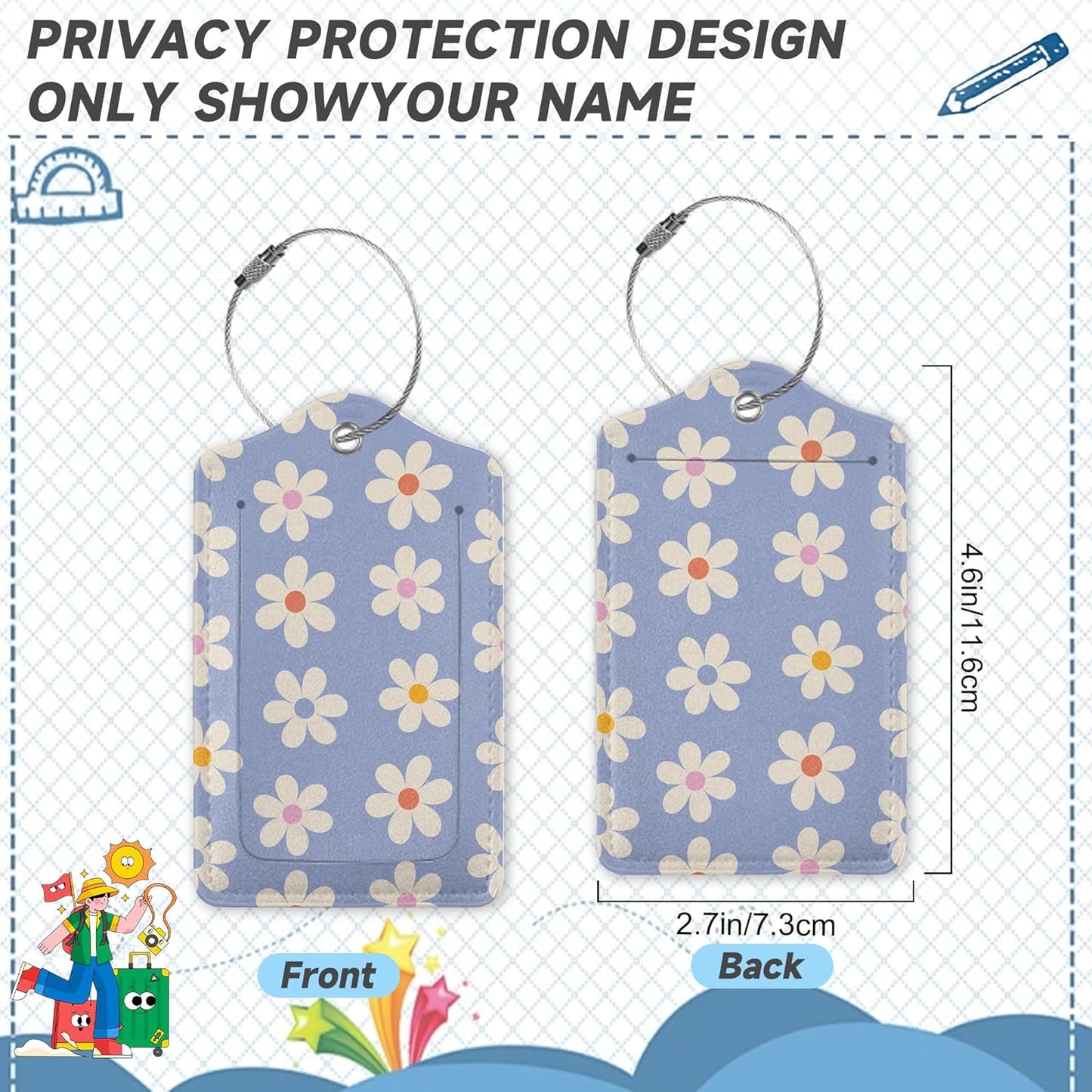 2 Pack Luggage Tag for Suitcase, Groovy Daisy Flowers Leather Bag Tags Identifiers Privacy Cover ID Label with Durable Steel Loop for Women Men Kids Girls Travel