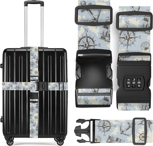 2 Pack Luggage Straps, Adjustable Cute Printing with Combination Lock Luggage Straps for Women Men Travel School Business Trips-Sailing