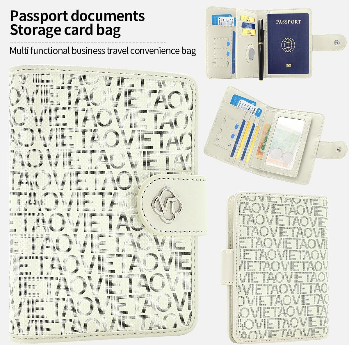 Passport Holder Wallet Bag with AirTag Holder, Card Slots Passport Solt Ticket Cash Solt, Photo Solt Sim Card Pen Slot.White