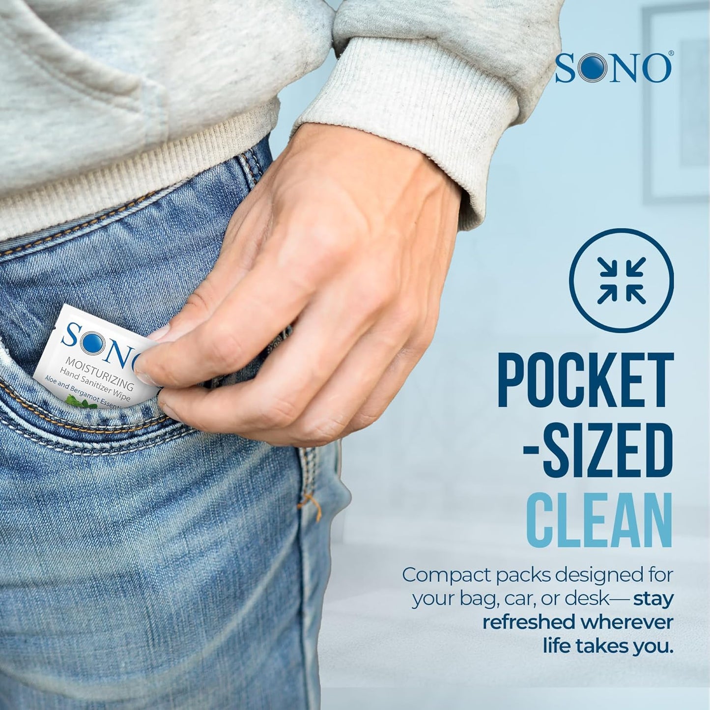 SONO Bergamot & Aloe Moisturizing Hand Sanitizer Wipes - TSA-Approved Travel Size Individual Packs for On-the-Go Hygiene & Cleansing - Alcohol-Free Antibacterial for Hands & Surfaces