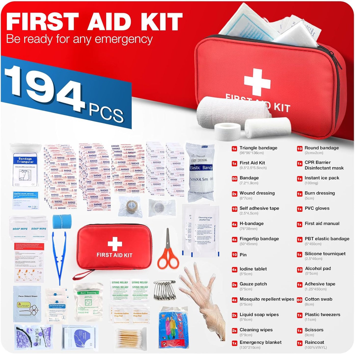 First Aid Kit 194 Piece Emergency Kits for Hiking Camping Trauma Kit for Boat Vehicle Compact Aid Kit for for Home Car Travel Outdoor Survival