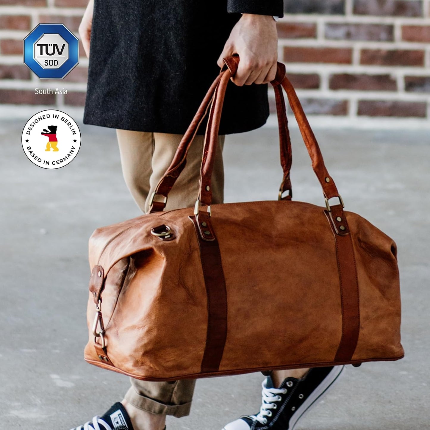 Berliner Bags Vintage Leather Duffle Bag München for Travel or the Gym, Overnight Bag for Men and Women - Brown (Cognac)
