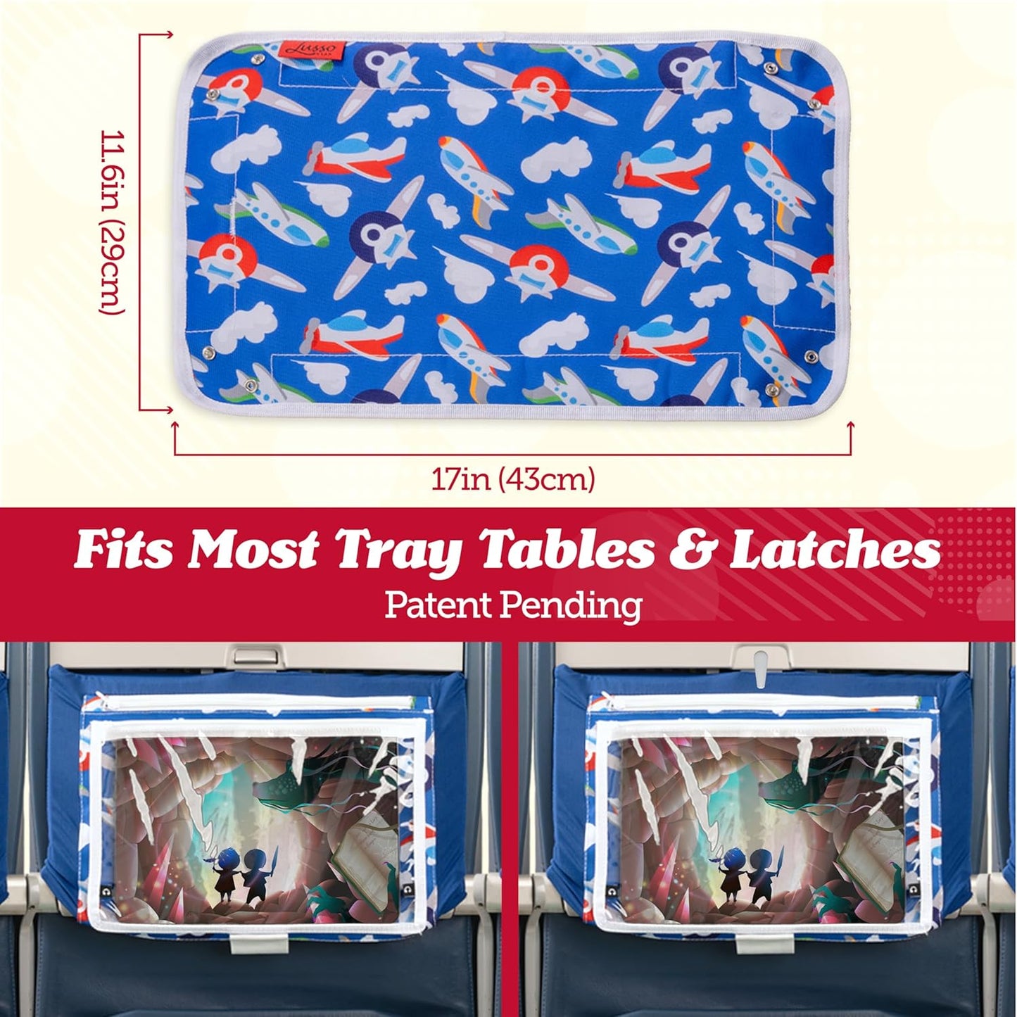 Lusso Gear Kids Airplane Tray Cover with Pockets - Airplane Essentials for Toddlers - Kids Travel Tray for Plane or Train - Organize Toys, Snacks - Tablet Holder - Flying Must Have (Airplanes Pattern)
