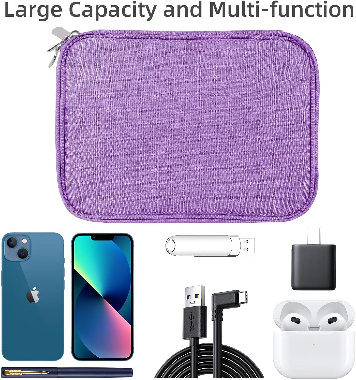 Electronics Organizer - Travel Cable Organizer Bag, Water Resistant Double Layers Pouch for Cord, iPhone, iPad Mini - Gift for Men Electronic Accessories Storage Case with 5 Cable Ties, Purple