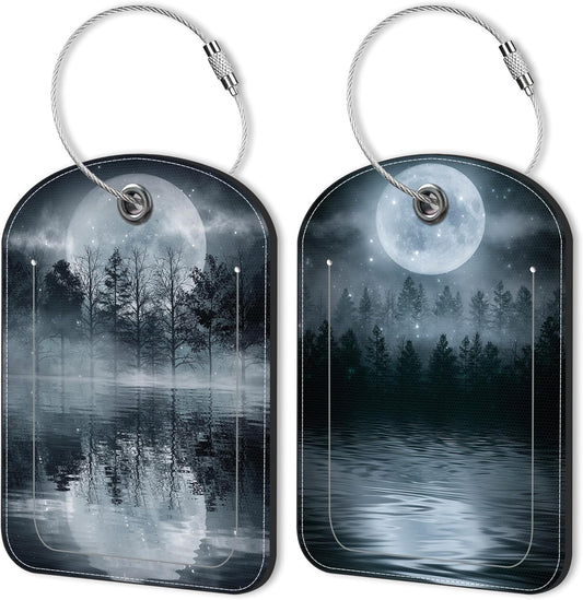 2 PCS Leather Luggage Tag for Suitcase Forest Moonlight Reflection in Water Travel Suitcase Labels with Privacy Name ID Label and Stainless Steel Loop for Adults Teens Travel Bag Labels Set