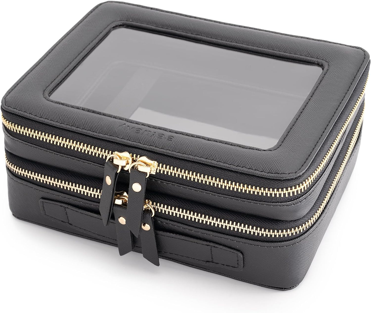 Aveniee Clear Makeup Bags,Double Layer Cosmetic Bags with Separate Brush Compartment,Large Travel Toiletry Bag Cosmetic Case,Travel Accessories Organizer for Women,2 Layers,Black