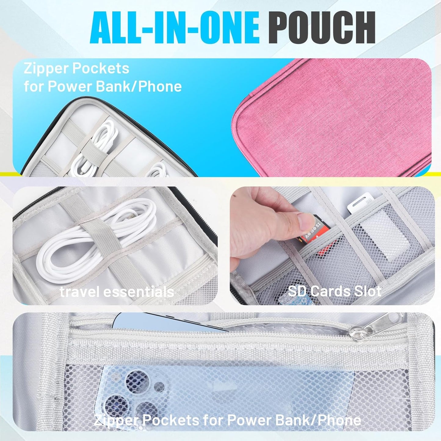 Travel Cable Organizer Bag, Electronics Organizer Tech Pouch with Double Layers for Cords, Chargers, Phone, Earphones, USBs, SD Cards - Travel Essentials Portable Waterproof Tech Pouch