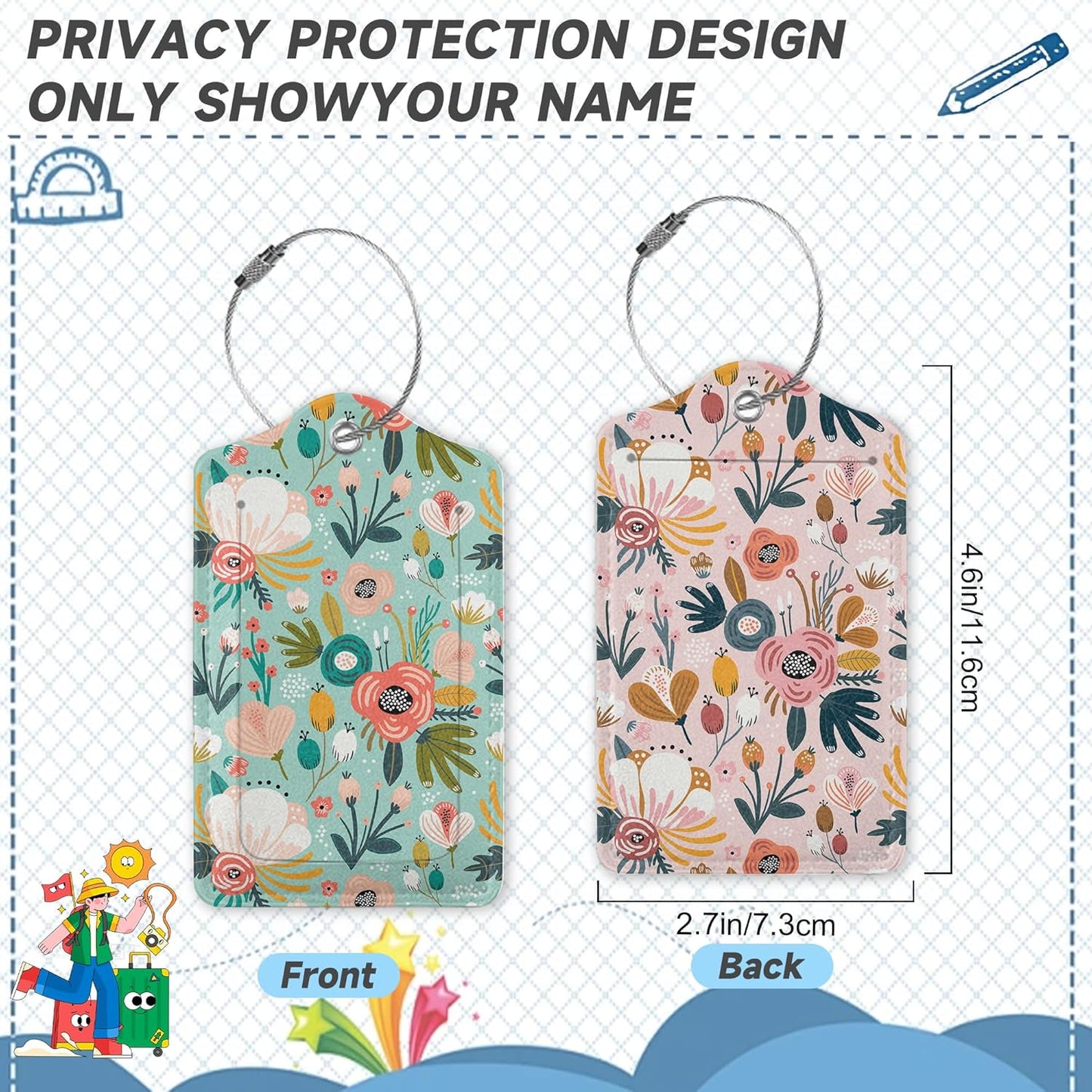 2 Pack Leather Luggage Tag for Suitcase Spring Flowers Leaves Berries Unique Travel Tags with Privacy Cover ID Label & Stainless Steel Loop for Men and Women Baggage