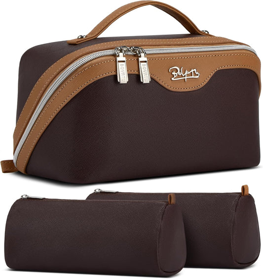 BOYATU Travel Makeup Bag Organizer Cosmetic Bag: 3 Pcs Set Make up Bags for Women with Handle - Waterproof Vegan Leather Toiletry Bags with Comparments (D-01-Brown)