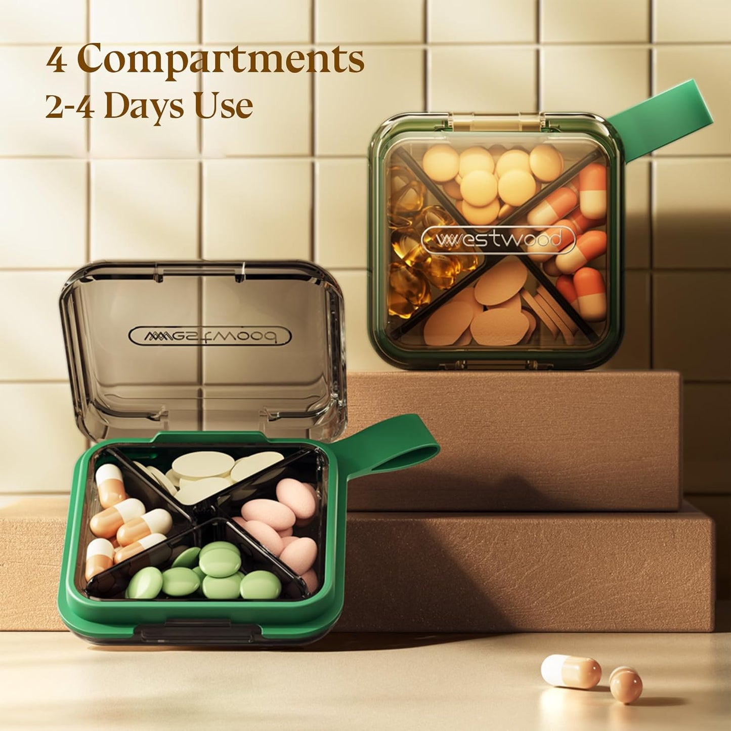 1 Pack Grey Pill Organizer with Strap, 4 Compartments, Compact Travel Pill Box Case, Portable and Moistureproof to Store Vitamins, Medication and Supplements