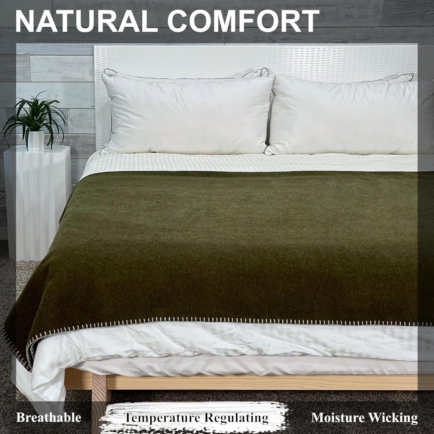 EKTOS 100% Virgin Wool Blanket, 90" x 90", Large, Warmest for Extreme Cold Camping (Olive Green, Queen Size)