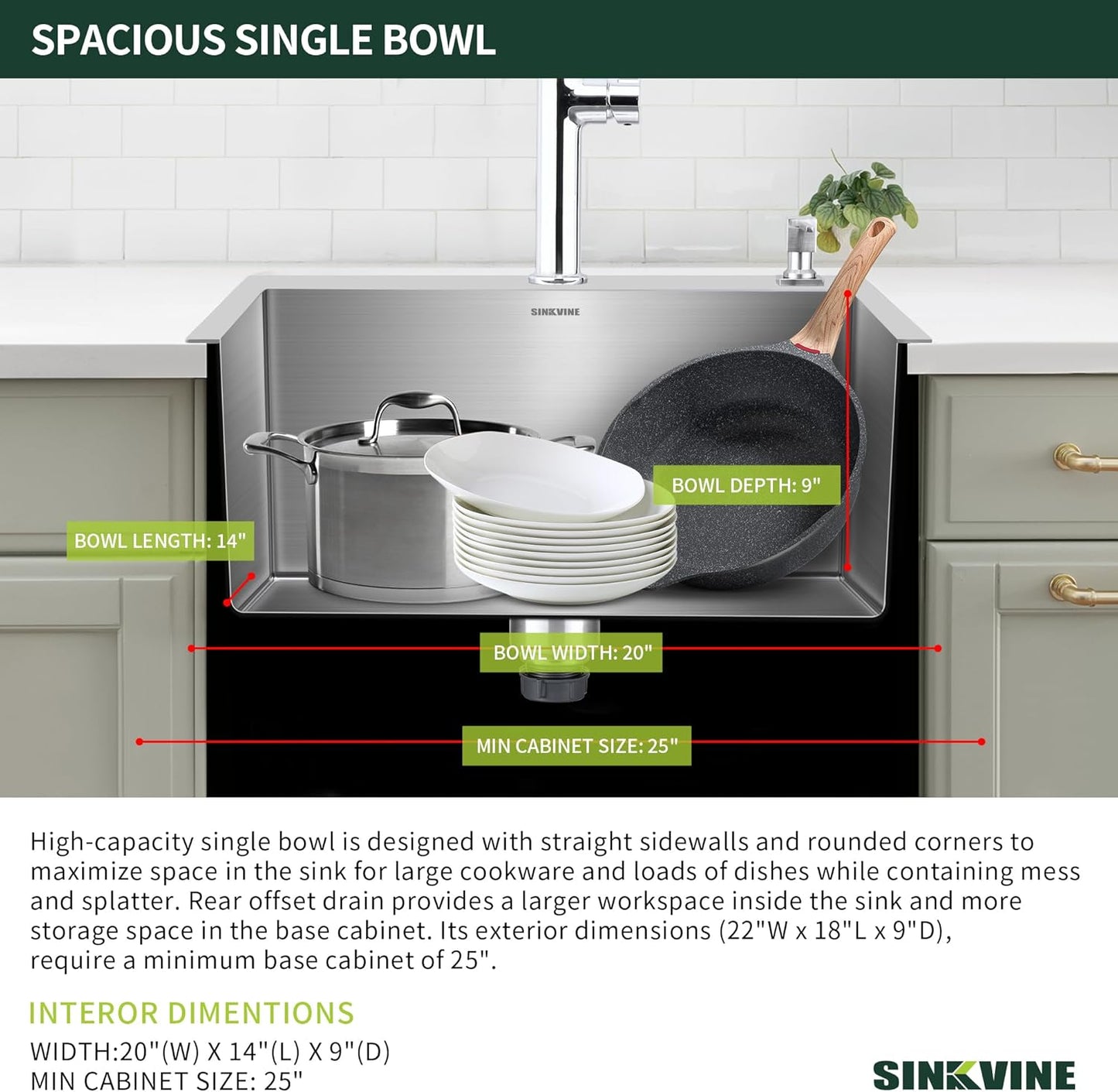 22 Inch Drop-In Kitchen Sink, SINKVINE 22" x 18" Stainless Steel Indoor and Outdoor Sink, Top Mount Deep Single Bowl Sink for Laundry, Wet Bar, RV, w/Drain Strainer, Bottom Grid, Roll-up Drying Unit