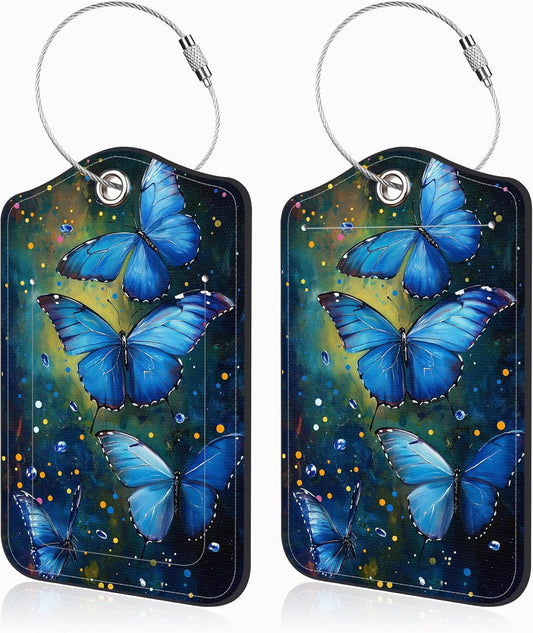 2 Pcs Watercolor Blue Butterfly Luggage Tags for Suitcases PU Leather Baggage Tags Name ID Label with Privacy Cover and Stainless Steel Loop for Men Women Travel Bag Suitcase