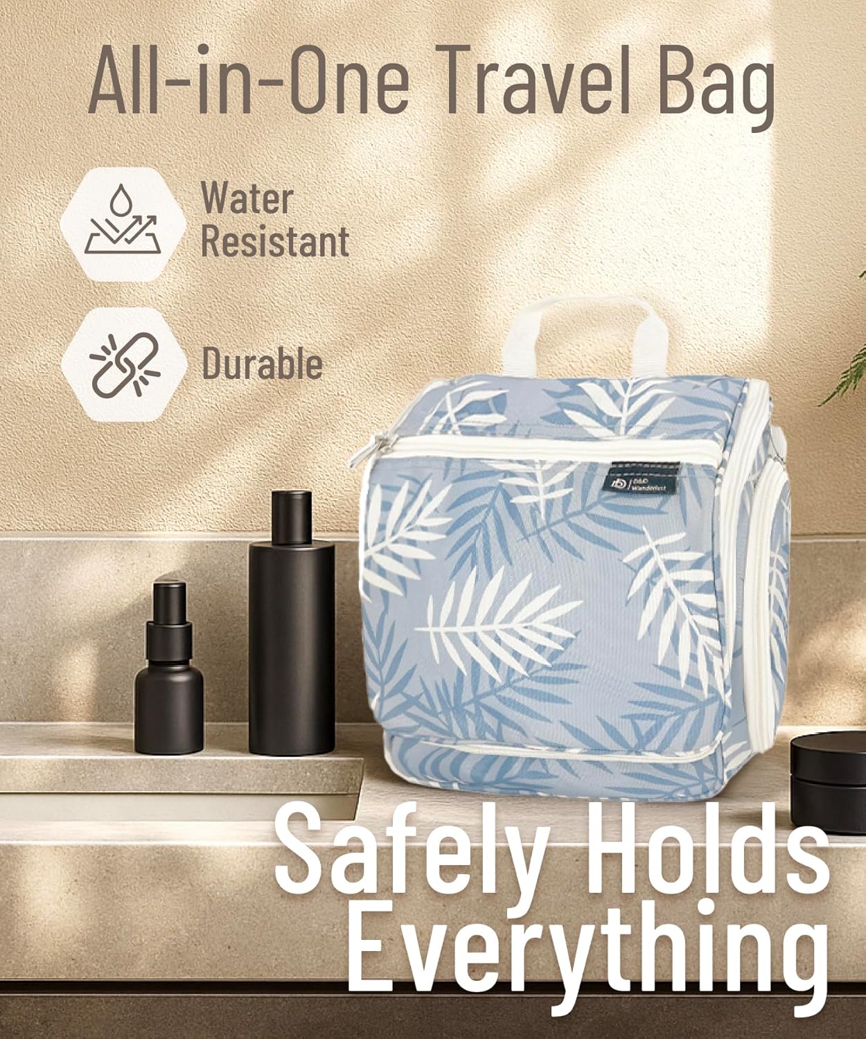 D&D Hanging Travel Toiletry Bag for Men and Women – Cosmetics, Makeup and Toiletries Organizer Kit with 10 Compartments, XXL Metal Swivel Hook, Water-Resistant Nylon