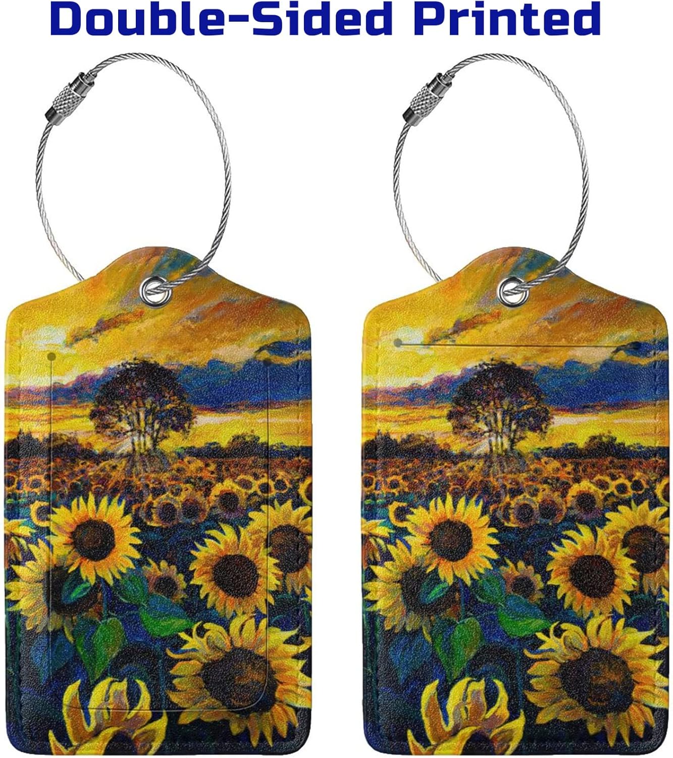 2-Pcs Beautiful Sunflower Leather Luggage Tags for Women Girls Suitcases, Art Yellow Floral Privacy Cover ID Label with Stainless Steel Loop and Address Card for Travel Bag Backpack