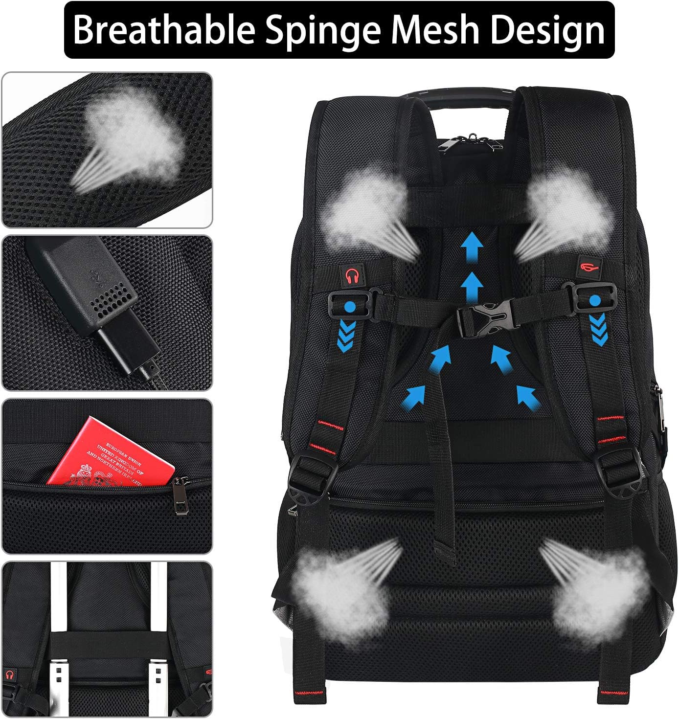 17 inch Laptop Backpack, Large Travel Backpack for Men Airline Approved with USB Charging Port and TSA Friendly, RFID Anti Theft Water Resistant Bookbag Fit for College High School Students Weekender