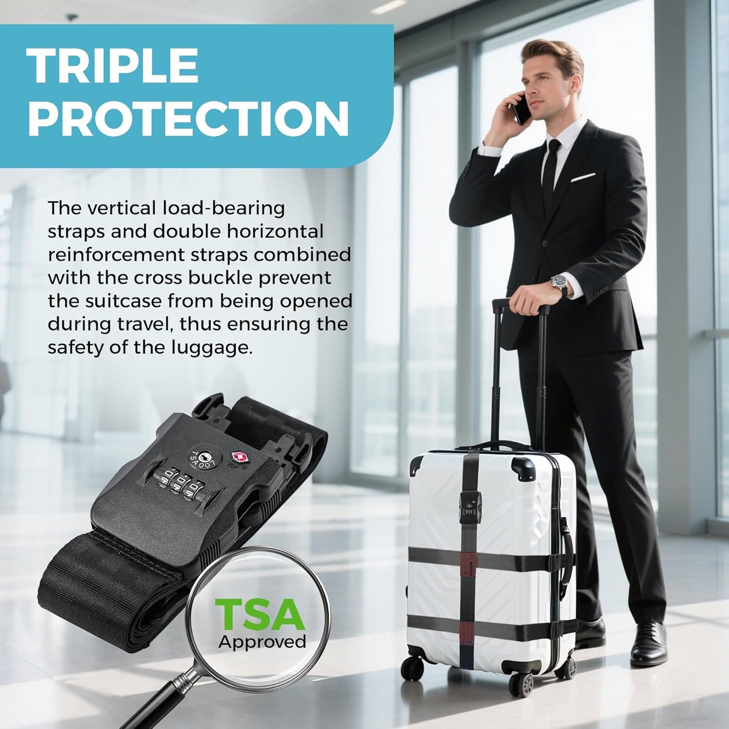 Luggage Straps with TSA Lock, Adjustable Heavy Duty Black Luggage Straps for Suitcase with Reinforced Buckles, Cross Luggage Strap TSA Approved Combination Locks with Name Tags for Travel & Trip