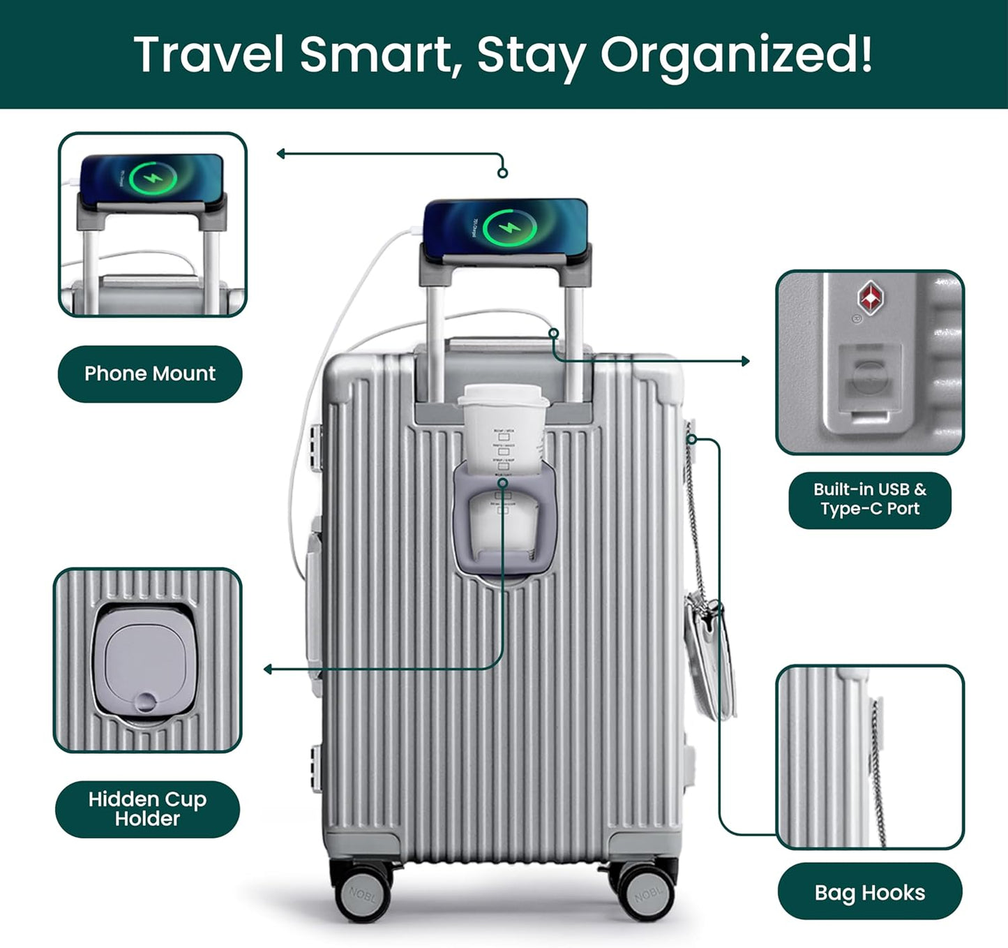 Nobl Travel Carry On Luggage, Noble Zipperless Aluminum Frame PC Hard Shell Suitcase, 20.8"x15"x8.7" Airline Approved, 360° Spinner Wheels, TSA Locks, USB Charging Port, Cup & Phone Holder - Silver