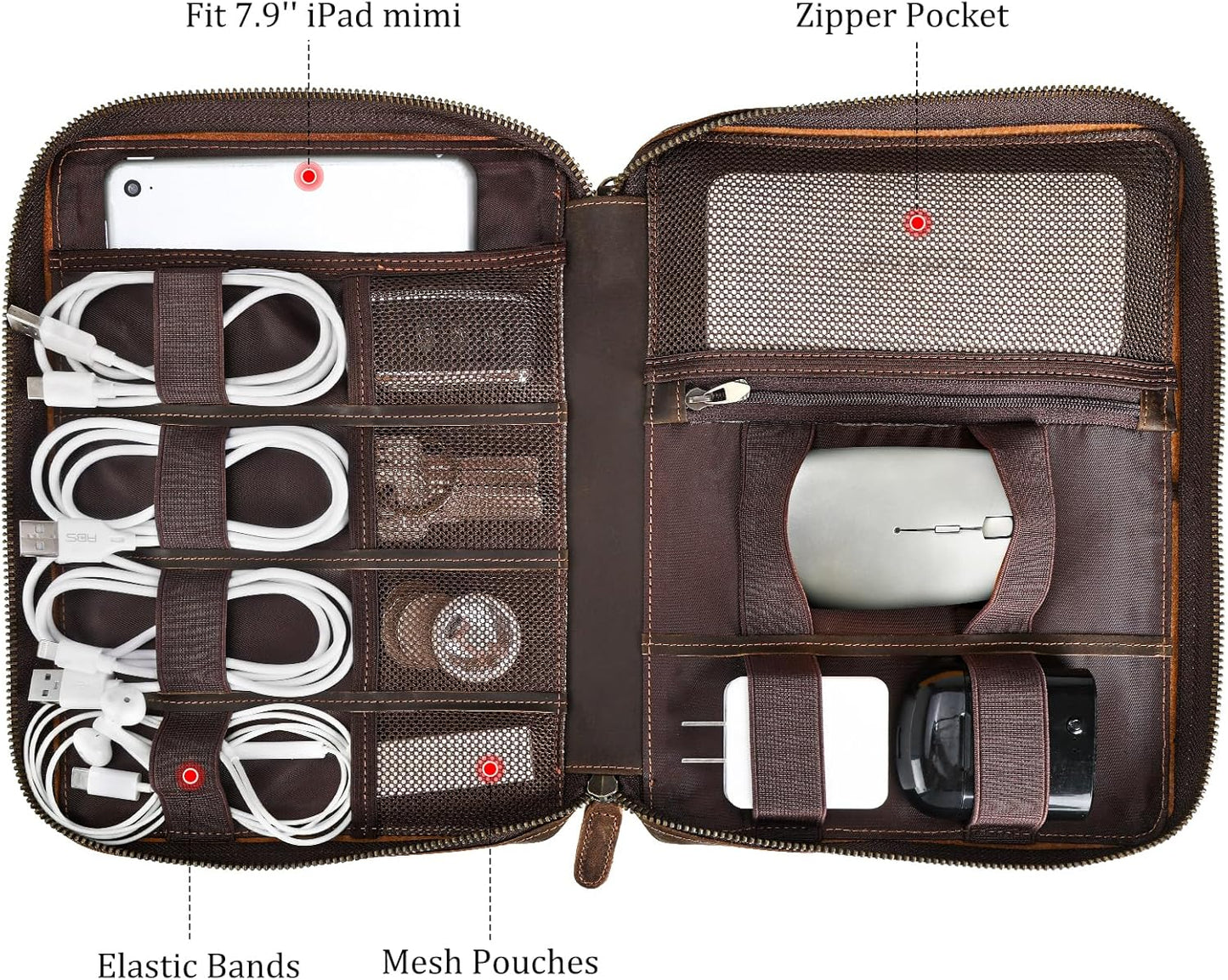 Polare Full Grain Leather Travel Cable Organizer Case Electronics Accessories Carry Bag with YKK Zippers Tech Storage Bag for Cables, Power Bank, USB, SD Card, Travel Essentials