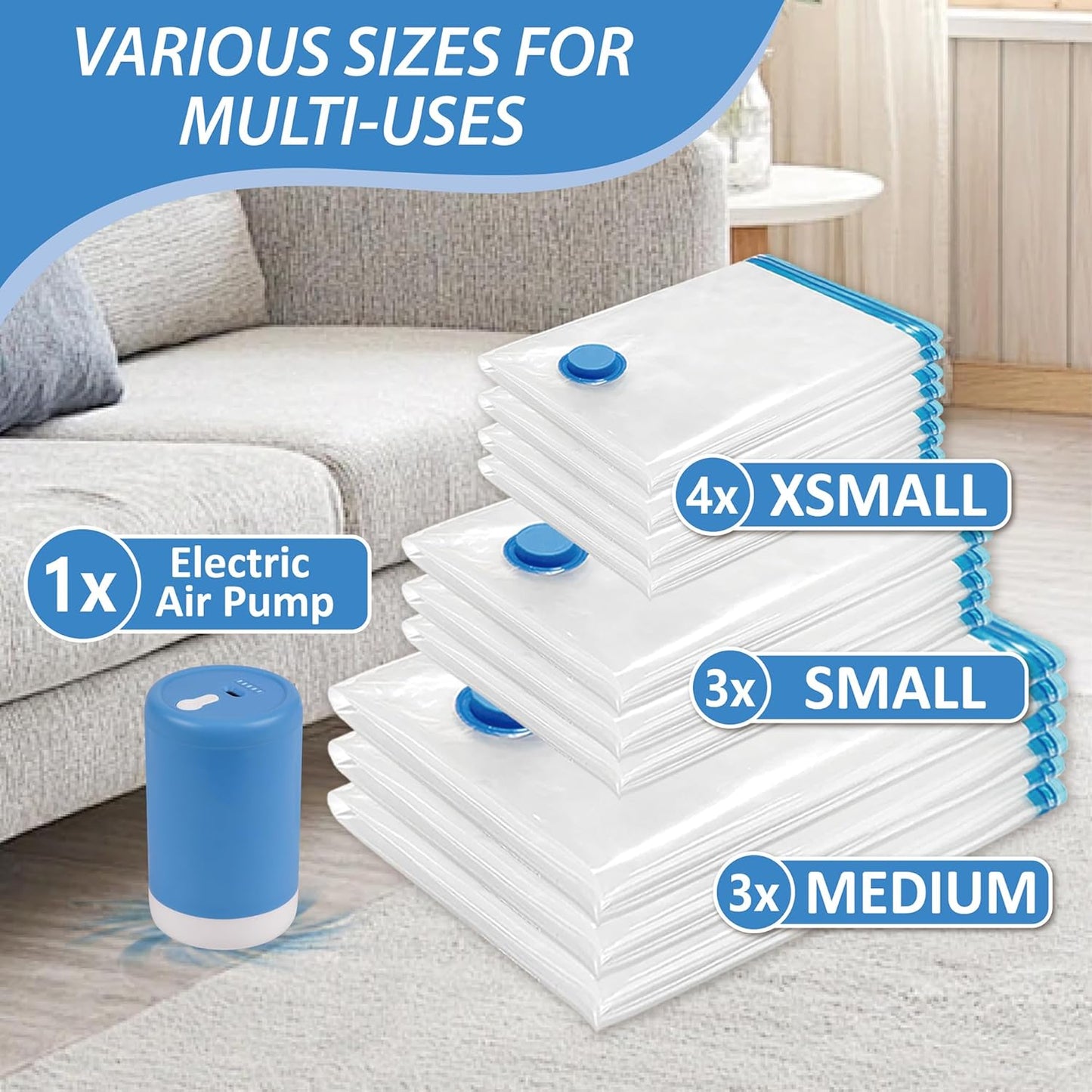 Cozy Essential Travel Vacuum Bags with Rechargeable Electric Pump, 10 Pack Vacuum Travel Bags for Luggage and Suitcase, Vacuum Seal Space Saver Compression for Clothes Clothing