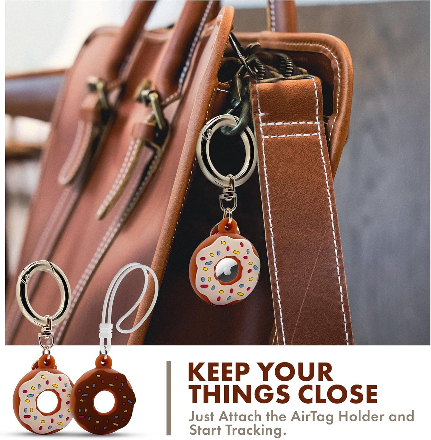 Apple AirTag 4 Pack Shockproof, Dustproof & Washable Cases, Silicon Holders with Accessories for Wallets, Luggage, Pet Collars, Key Finders (Donut (White & Brown))