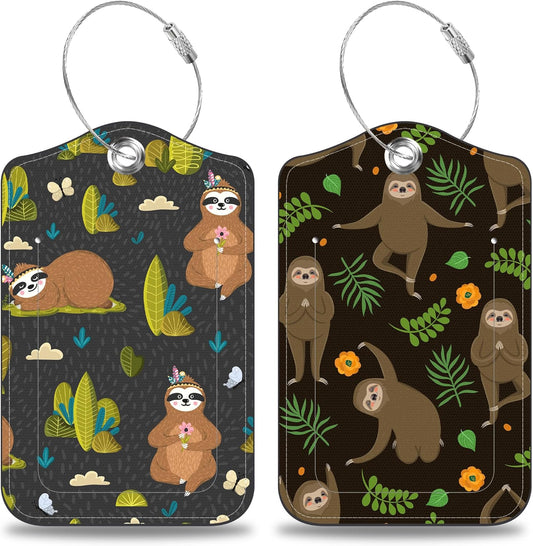 2 Pack Yoga Luggage Tags for Suitcases Funny Sloths Leather Luggage Tags Privacy Cover ID Label with Stainless Steel Loop and Address Card for Women Men Travel Bag Backpack