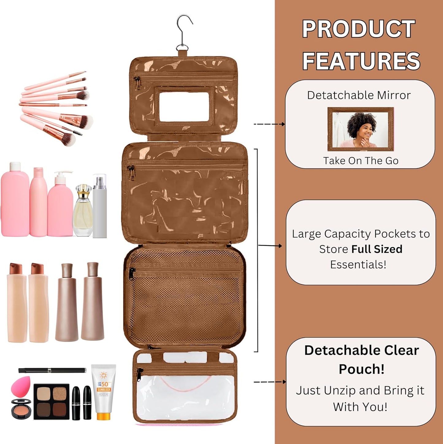 ESSENTE Women's Travel Toiletry Bag with Removable Pouch and Hanging Hook - Water Resistant Makeup Cosmetic Oraganizer with Multiple Compartments for Accessories (OFF WHITE FAUX LEATHER)