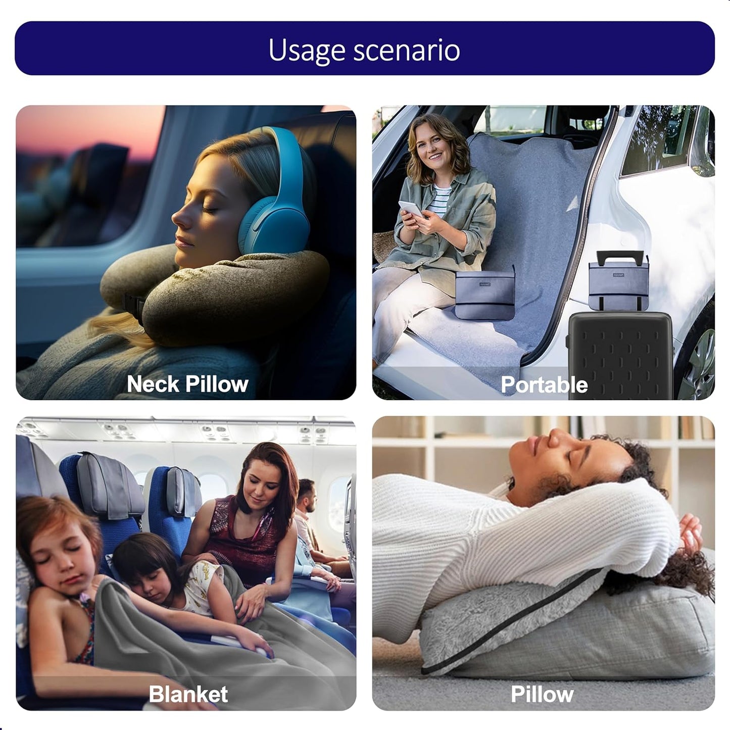 3-in-1 Travel Pillow Blanket Set - Soft Flannel Convertible Pillow, Blanket & Neck Pillow with Backpack Clip | Compact Travel Essentials for Airplane, Car, Office, Grey