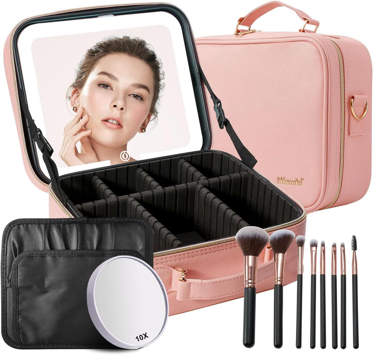 Mocado Travel Makeup Bag with LED Lighted Mirror,Travel Makeup Organizer,Makeup Case with 8 Makeup Brushes and 10x Magnifying Mirror,3 Colors Lighting, Adjustable Dividers Makeup Box(Pink)