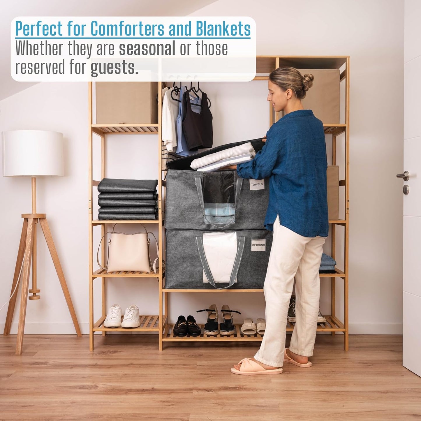 VENO 4 Pack Moving Bags, Comforter and Blanket Storage Bags for Closet, Moving Boxes, Boxes with Lids Alternative, College Dorm Packing Supplies, Foldable Heavy-Duty Tote with Window (Gray, 4 Pack)